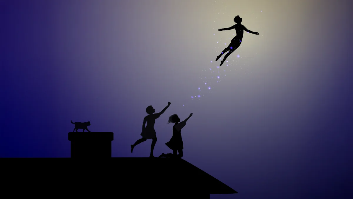 Peter Pan flying of the roof towards the moon